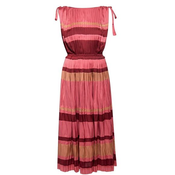 $878 Ulla Johnson - Alessa Dress in CeriseStriped Pleated Plissé Midi Sz 2 - Picture 10 of 16